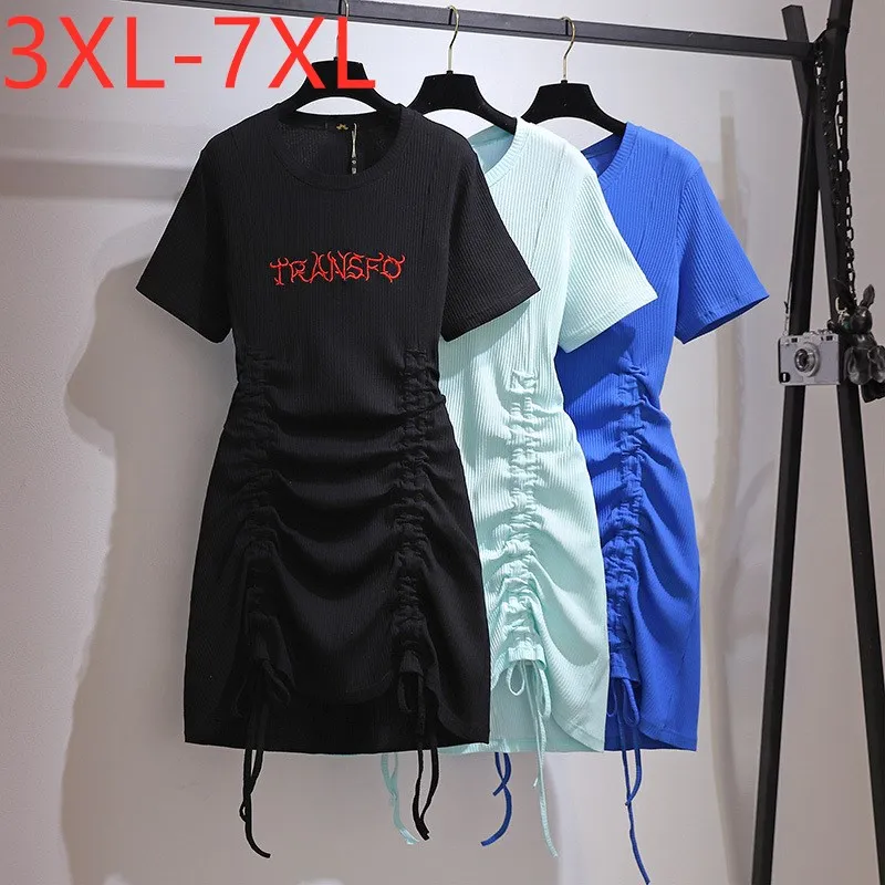 

New 2021 Ladies Summer Plus Size Dresses For Women Large Short Sleeve Slim Blue Drawstring Cotton Dress 3XL 4XL 5XL 6XL 7XL