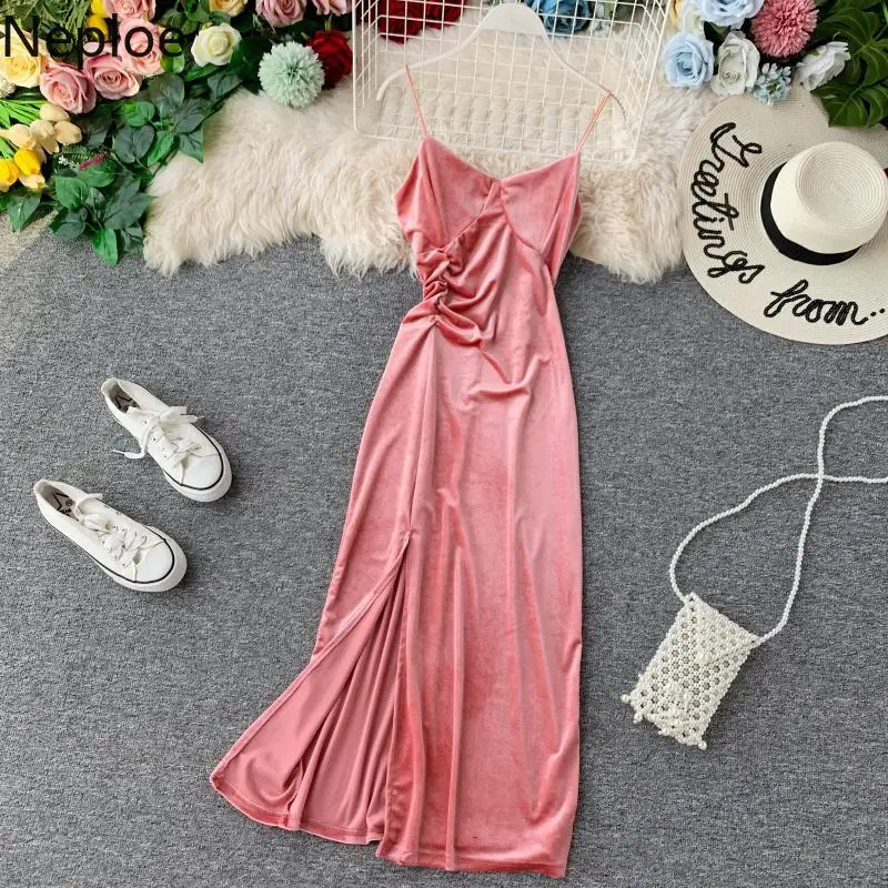 Neploe Autumn Winter Women Dresses Retro Velet Spaghetti Strap Sweet Camis Split Vestido V-Neck Sleeveless Vintage Elastic Robe