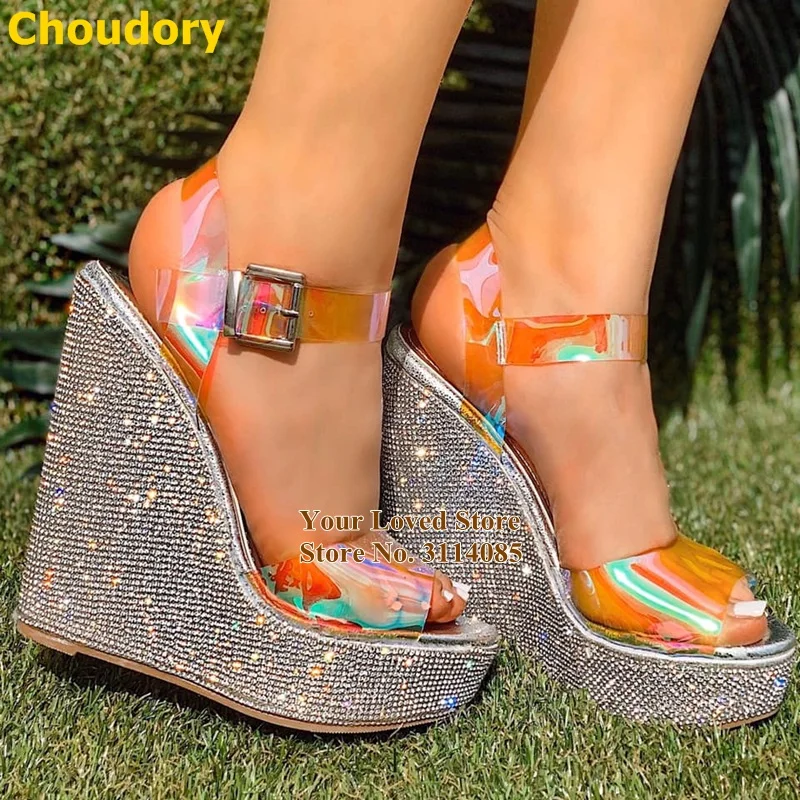 

Choudory Silver Rhinestone Platform Wedges Orange Hologram Iridescent PVC Strap Sandals Bling Bling Luxury Women Wedding Shoes