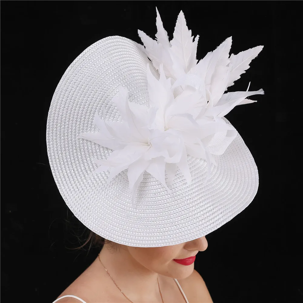 Bride White Chic Fascinator Hat Cocktail Wedding Church Headpiece Kentucky Headwear Feather Flower Women Leaf Decor Fascinator