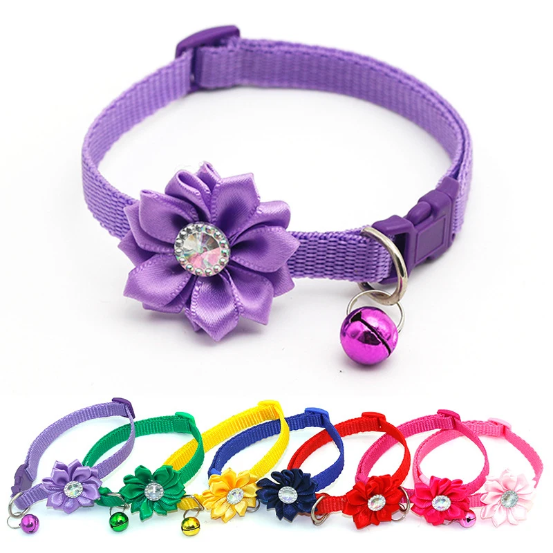 Pet Collar Adjustable Flower Rhinestone Kitten Collar with Bell Dog Collar Cat Puppy Pet Supplies Accessories Small Dog Cats