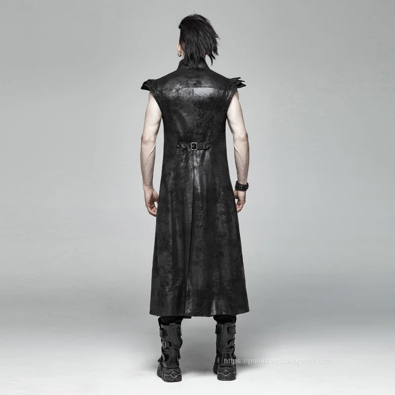 PUNK RAVE Punk Style Men's Armor Coating Crack Woven Black Long Vests Placket with Pu Leather Visual Kei Buckle Vest Jacket Men