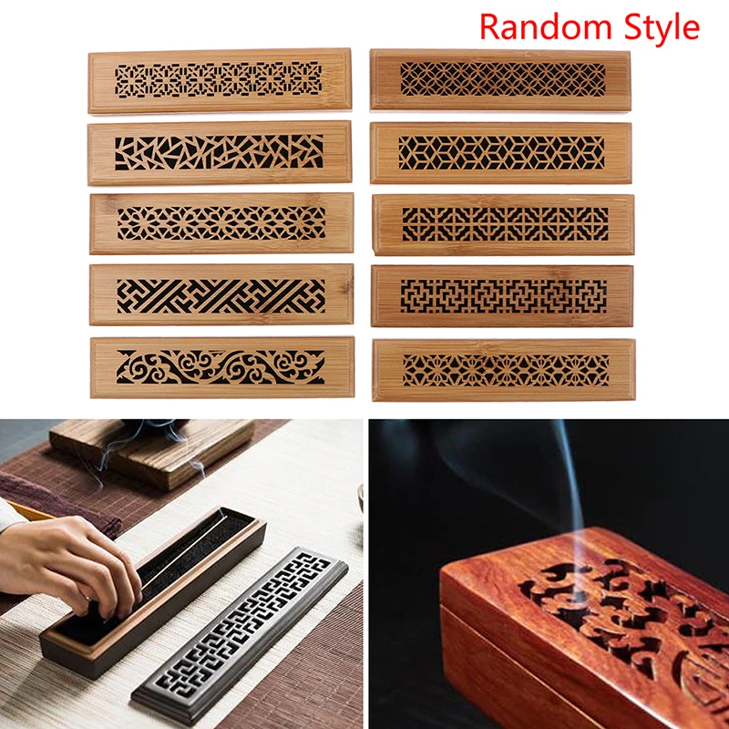 1PC Bamboo Wooden Incense Stick Holder Burning Joss Insence Box Burner Ash Catcher Random