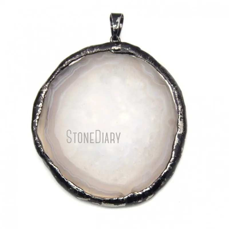 

PM20032 White Agate Copper Pendant Gunblack Gunmetal Plated White Slice Agate Free Form Irregular Charm Pendants