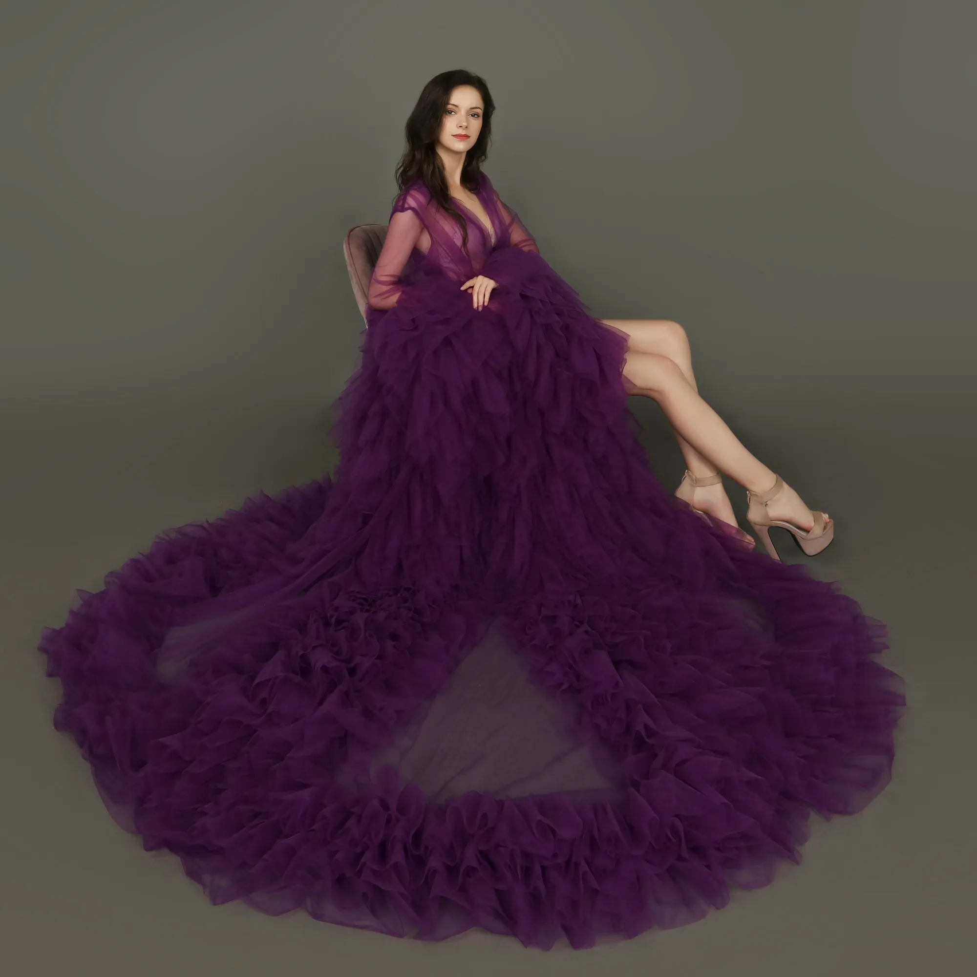 Robe de soirée violette élégante, tenue de séance Photo, à manches longues, à volants, pour fête prénatale, photos réelles