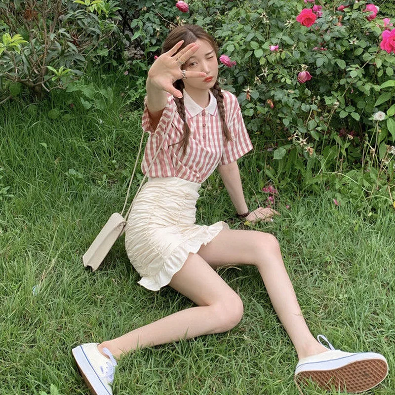 T-shirts Women All-match Plaid Cute College Ins Straight Japanese Style Kawaii Tunic Tops De Moda Clothing Tender Elegant Lovely