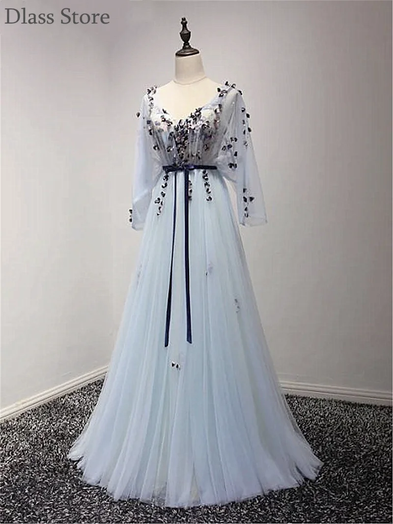 Light Blue Prom Dresses V-neck Cap Three Quarter Sleeves Flowers A-line Floor Length Backless Evening Dress вечерние платья