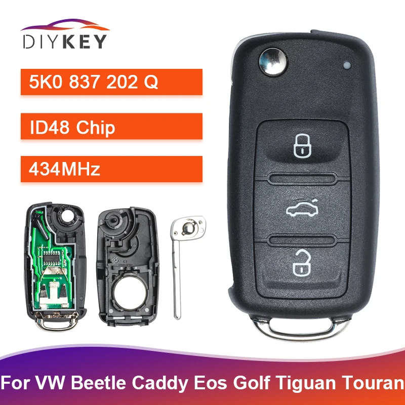 DIYKEY 5K0 837 202 Q For Volkswagen Beetle Caddy Golf Jetta 2011 2012 2013 Remote Car Key 3 Button 434MHz ID48 Chip 5K0837202Q