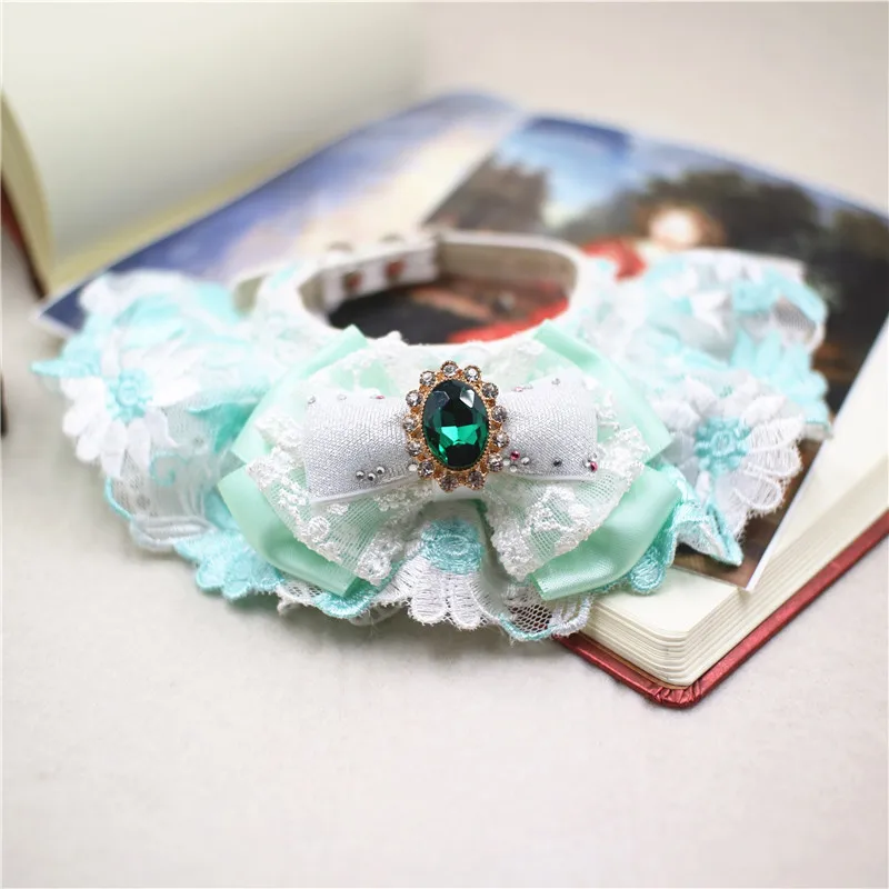 Handmade European Style Leather Dog Collar Pet Supplies Accessories Emerald Lace Gem Bow Knot Small Cats Puppy Poodle Yorkie