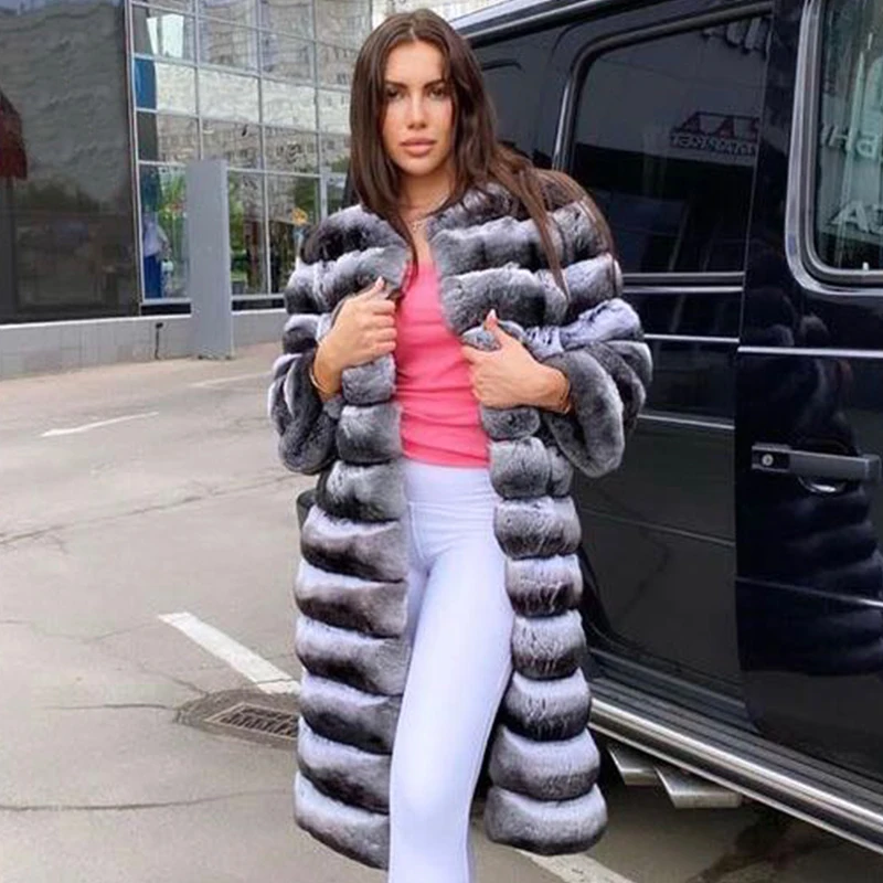 Real Rex Rabbit Fur Jacket For Women Long Chinchilla Rex Rabbit Fur Coat High Quality Rabbit Fur Coats Hot Seller