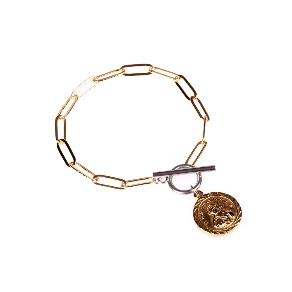 Pulsera con patrón de doble cara de la Virgen María y San Judas Tadeo, cierre en T, moneda de acero inoxidable cristiana, joyería para hombres y mujeres