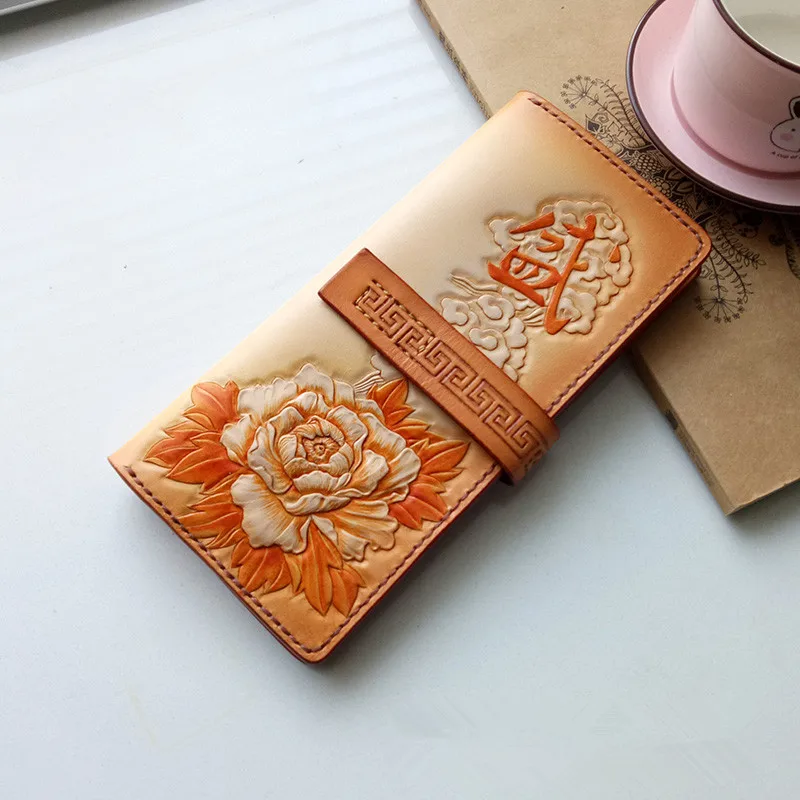 Chinese Style Handmade Daisies Wallets Customized Carving Peony Purses Women Long Clutch Vegetable Tanned Leather Wallet Gift