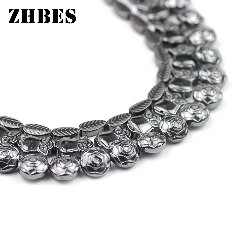 ZHBES Natural Stone Black Hematite Beads Carving Works Roses Owls Leaves Loose Beads For Jewelry bracelet Making DIY Findings
