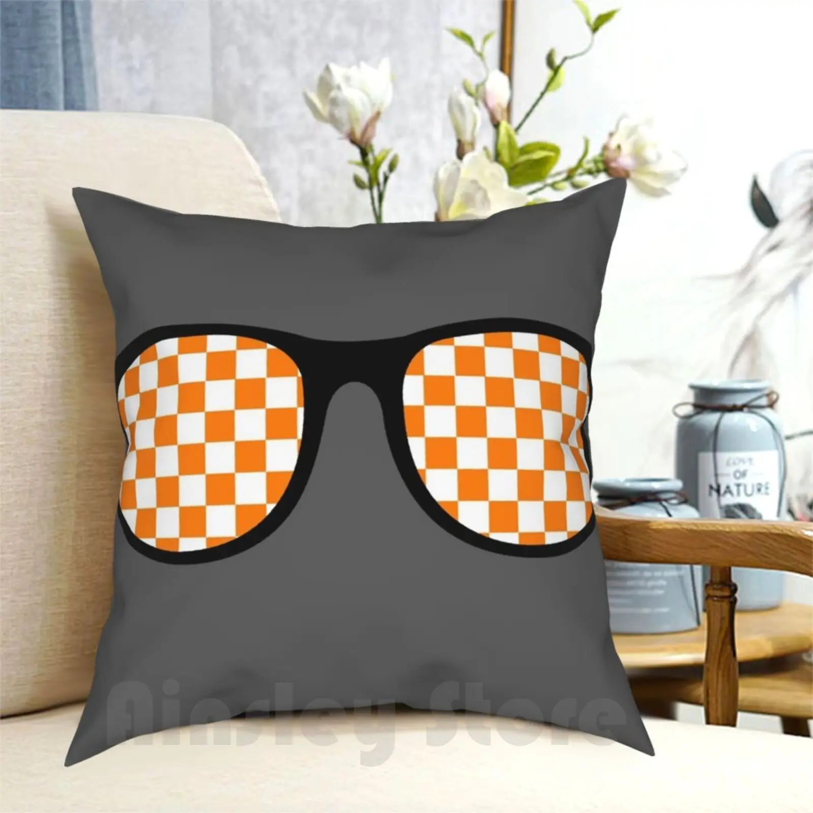 Orange And White Checkerboard Sunglasses Pillow Case Printed Home Soft Throw Pillow Orange White Checkerboard Grey Gray