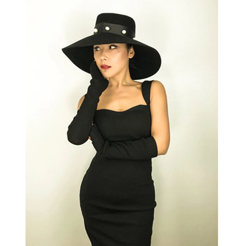 Black Color Wool Hat ,Flat ToWomen Fashion Party /Outdoor Dress Bowler Hat ,Retro Pearl decoration Model Show fedora hat