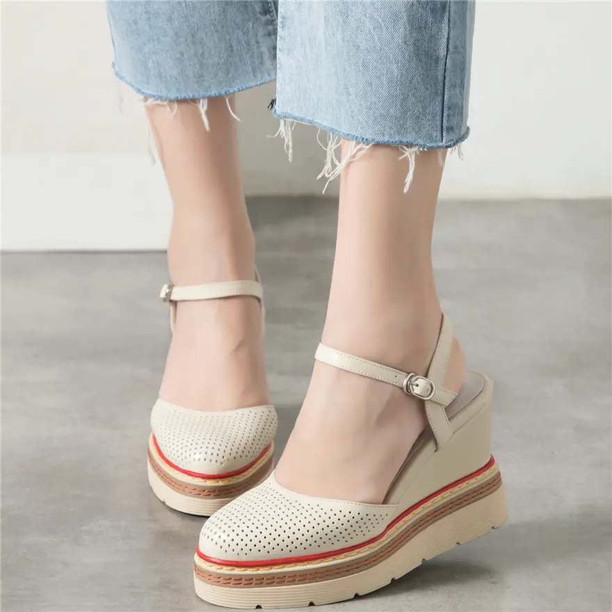 Summer Shoes Women Ankle Strap Genuine Leather Wedges High Heel Gladiator Roman Sandals Female Rounde Toe Platform Pumps Shoes