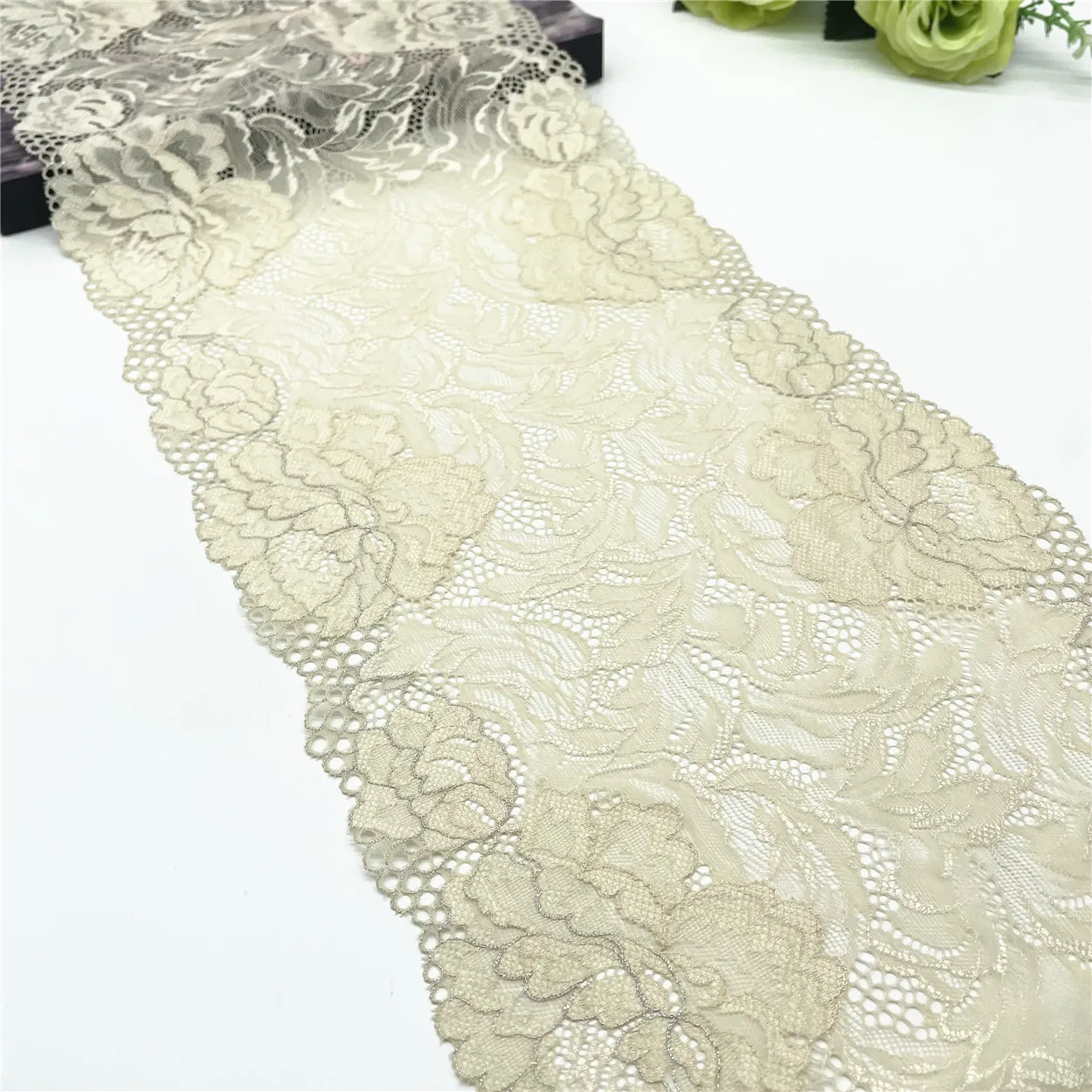 3y/lot Width 21cm Cream Silver Elastic Stretch Lace Trims Shiny Skirt Hem For Clothing Accessories Dress Sewing Applique Costume