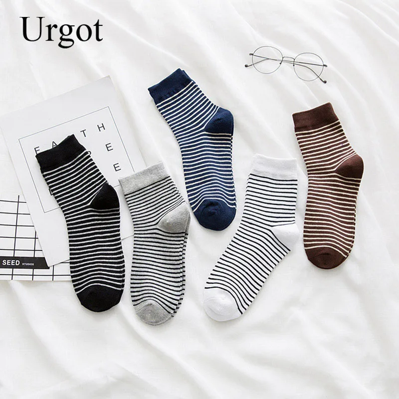 Urgot 5 Pairs Men Socks Business Casual Middle Tube All-match Cotton Socks Striped Spring Autumn Four Season Comfort Male Meias