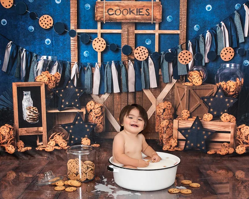 Mehofond Cookies Milk Photography Background Wooden Door Blue Backdrops Children Birthday Party Photocall Photo Studio