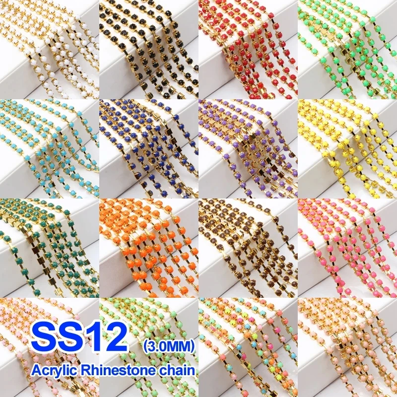 Hot sale Acrylic Rhinestone chain 17 Colors SS12/SS16/SS28 Gold Claw chains For DIY Sewing Clothes Accessories  free shipping