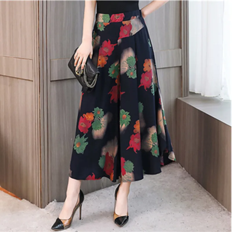 UHYTGF Fashion Summer Skirt Pants Women Elegant Mom High Waist Big Swing A-Line Thin Pants Vintage Printing Casual Trousers 1656