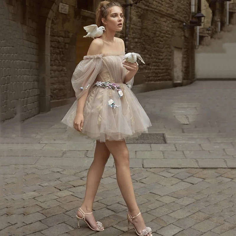 Vestido de graduación Rosa polvoriento para adolescentes, manga abullonada por encima de la rodilla, vestido de fiesta de boda Vintage, batas de cóctel, 2021