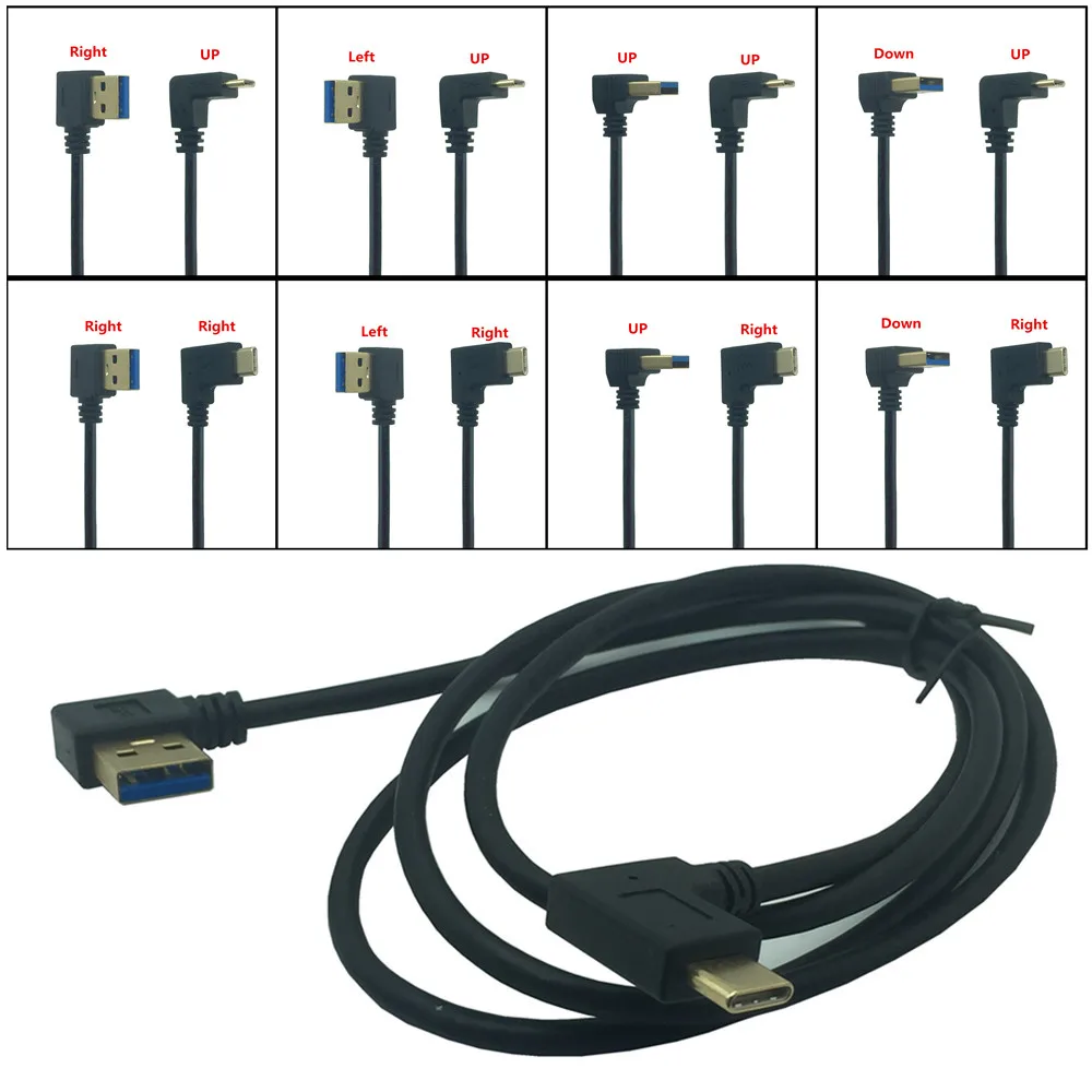 Conector de Cable de carga y sincronización de datos USB, ángulo de 90 grados hacia arriba y abajo, chapado en oro, USB 3,0 macho a USB 3,1 tipo C macho