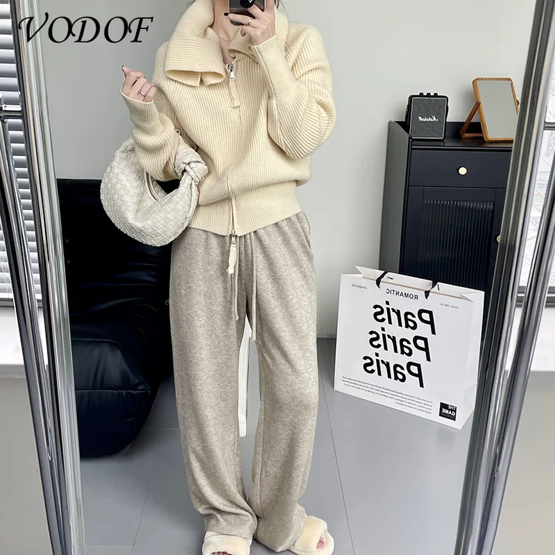 VODOF OL Outwear Tops Solid Sweater Women 2021 New Autumn Winter Elegant Lapel Thick Warm Knitted Cardigan Female Sweaters