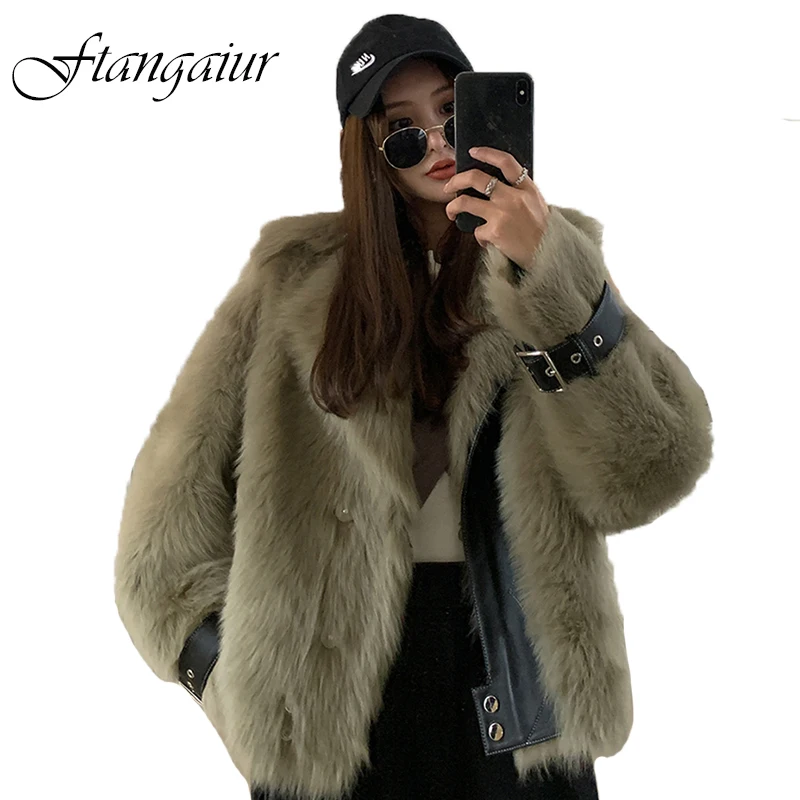 

Ftangaiur Imported Tuscan Wool Leather Coat Loose Belt Turn-Down Collar Full Sleeve Women Real Natural Wool Fur Coats