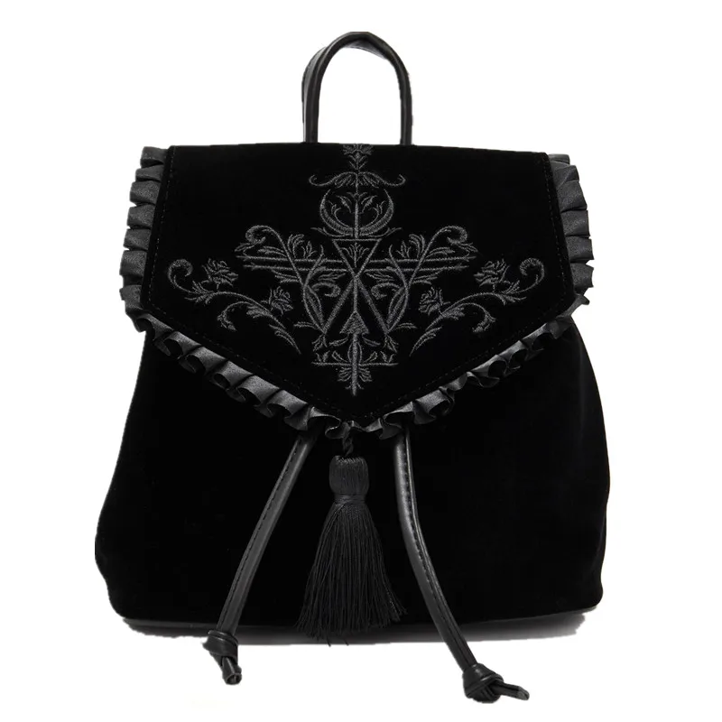 The New Harajuku Velvet Backpack Women Gothic Magic Embroidery Black Punk Style Ladies Backpack Travel Bags Shoulder Bag