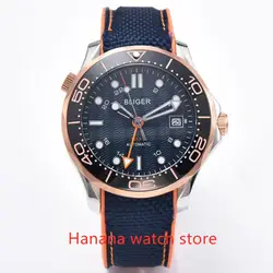 Corgeut Fashion Round Bliger Automatic Winding Watch GMT Hands 41mm Sapphire Glass Blue Dial Date Window Rubber Strap