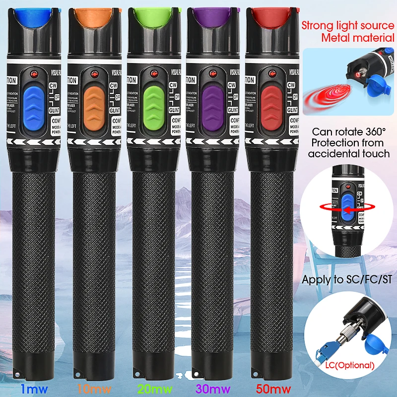 High Quality Red Light Pen 5km/10mw/20MW/30mw/50MW Visual Fault Locator Fiber Optic Cable Tester 5-50Km Range VFL