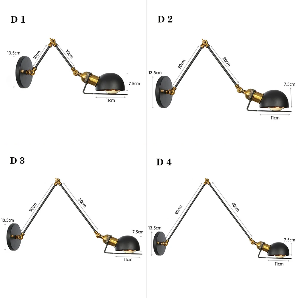 Antique Loft regulowana lampa ścienna z długim ramieniem Retro lampka do czytania żelaza nocna korytarz czarny Led ramię wahadłowe kinkiety lampy