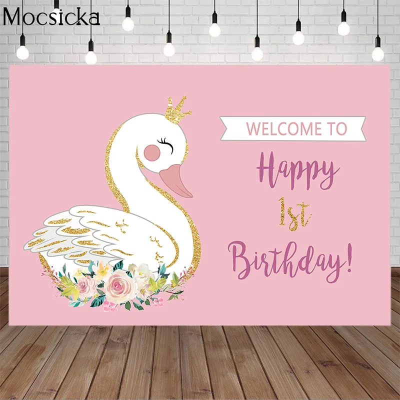 Mocsicka 1st Birthday Backdrop Cisne Blanco Theme Photo Background Studio Pink Wall White Cute Swan Flower Photography Backdrops