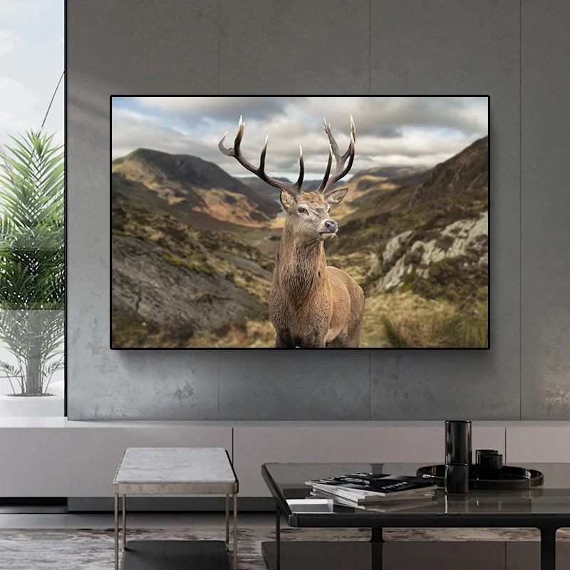 Deer In Mountain Landscape Canvas Painting Red Stag Mountain Pass Posters Print Modern Wall Picture for Living Room Decoration