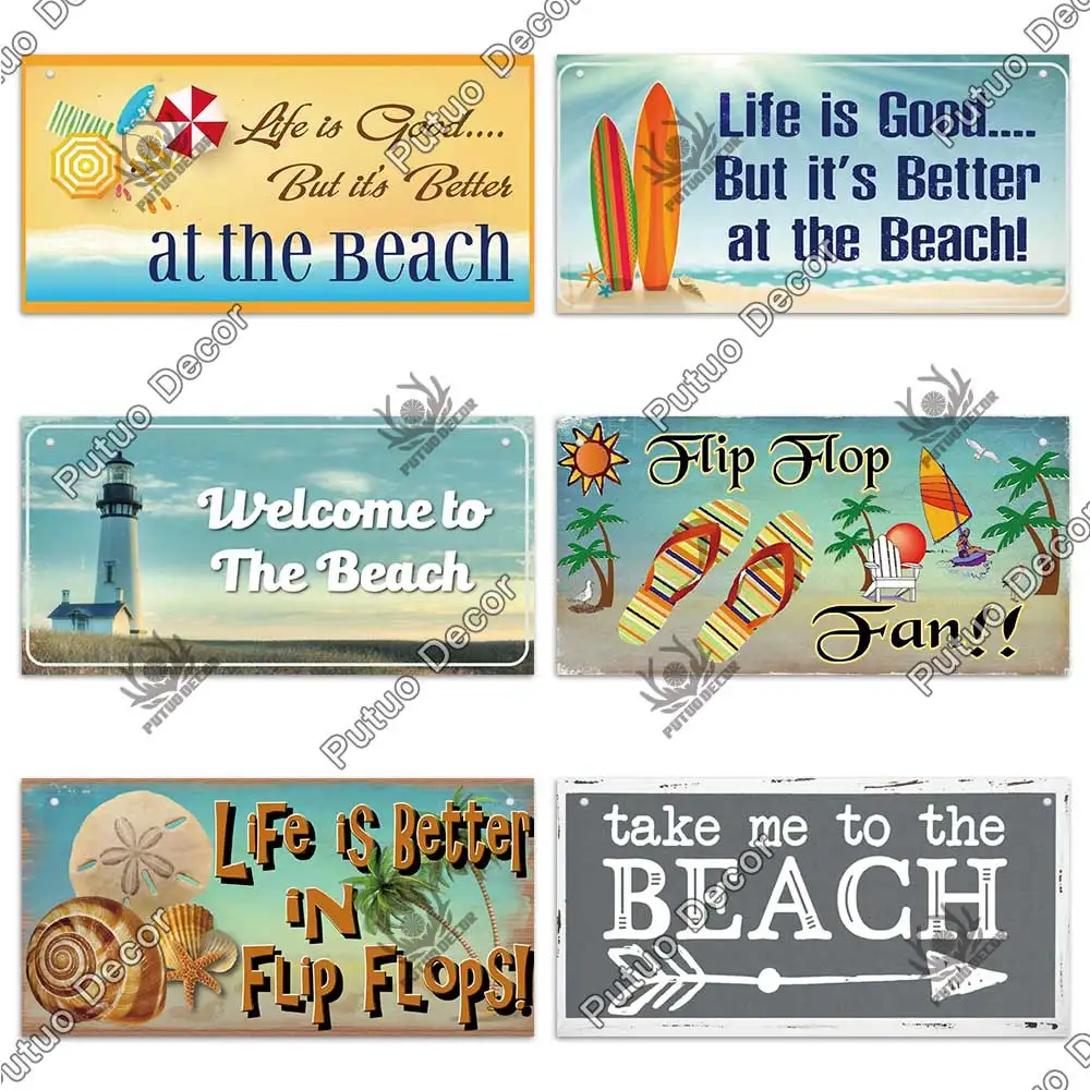 Putuo Decor Beach Summer Signs Decorative Plaque Wood Wall Plaque Wooden Signs for Beach House Decoration Bar Living Room Decor