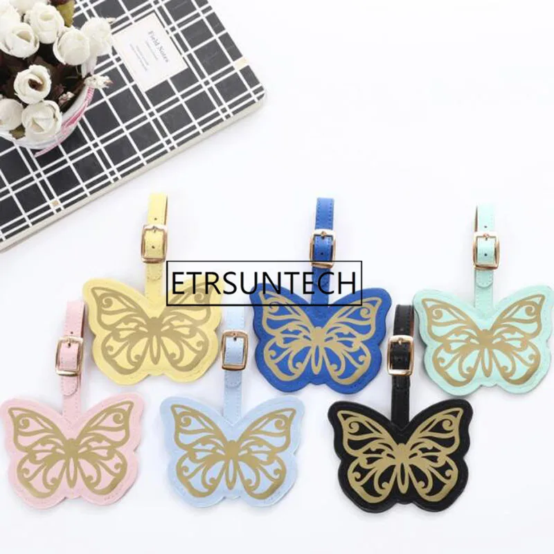 100pcs 6 Colors Gold Stamp Butterfly Luggage Tag PU Suitcase ID Addres Holder Baggage Boarding Tag