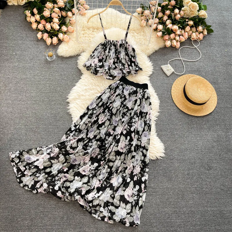 Ropa de verano para mujer, Vestido de playa para vacaciones, traje elegante con tirantes, Top corto, falda de malla plisada, conjunto Floral de 2 piezas, 2023