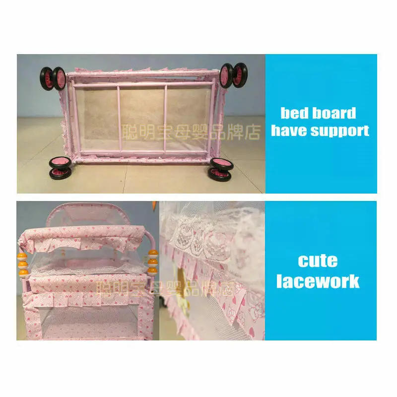 Multifunctional Baby Crib Have Mattress & Mosquito Net, Can Convert to Kids Stroller, Portable Cot with 4 Wheels