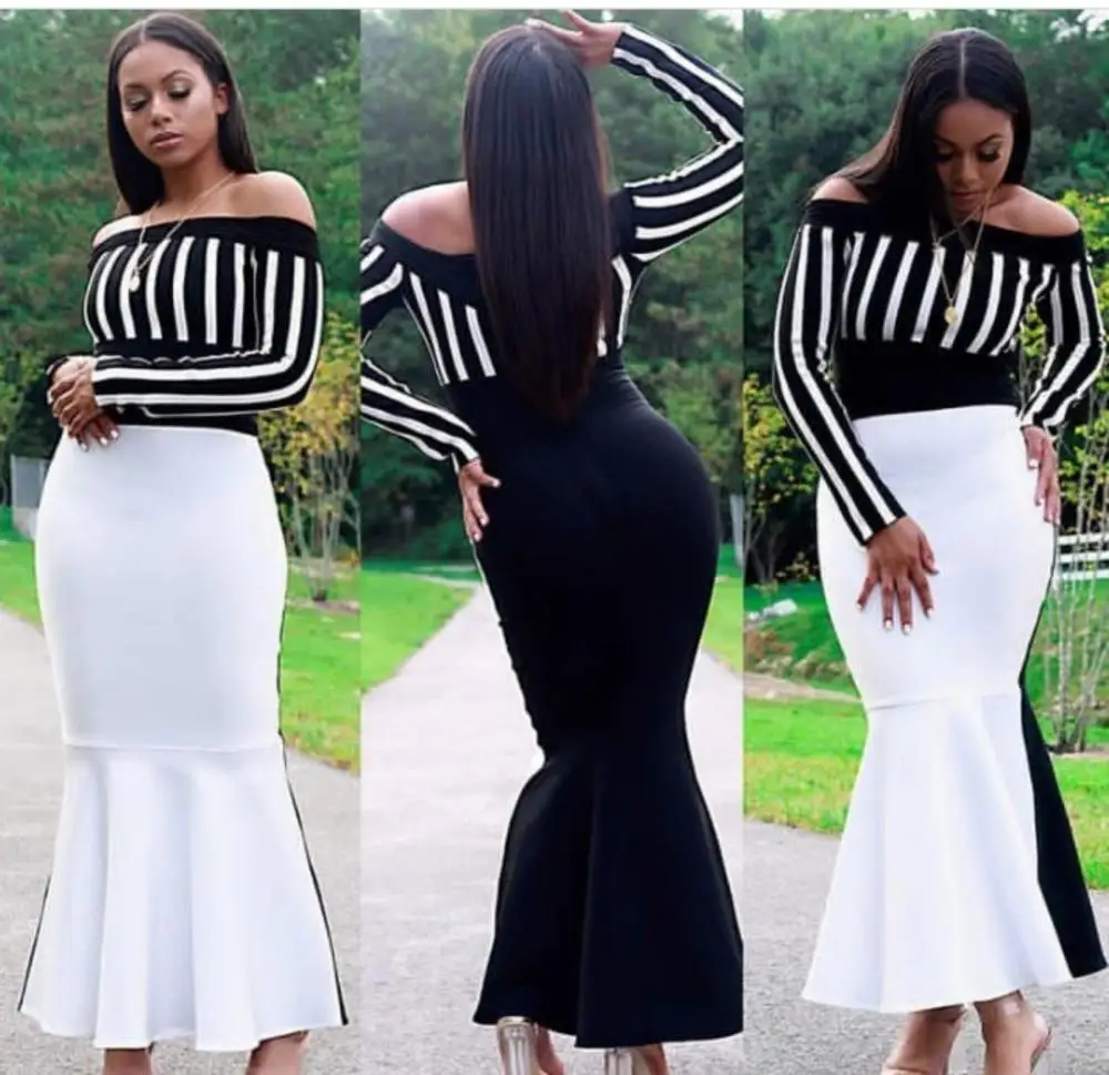 Women Elegant Trumpet Dress Off Shoulder Sexy Slash Neck Dresses Long Sleeve Black White Patchwork Bandage Evening Party Dress