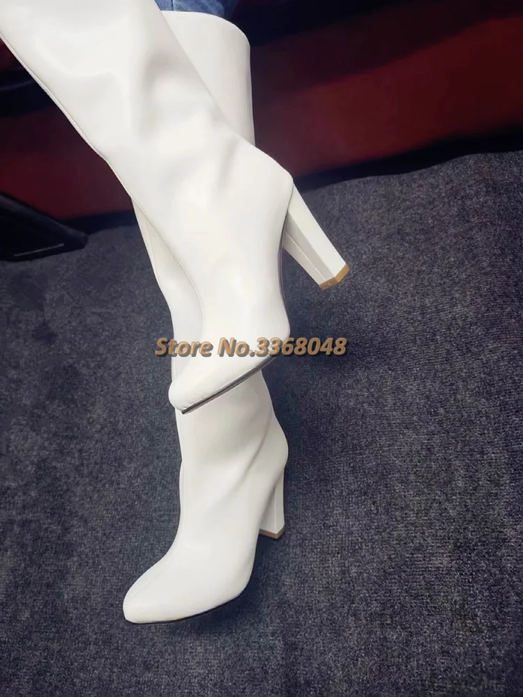 

2024 Round Toe Knee High Boots Block Heel Slip On White Matte Leather Custom Made Real Picture Manufacturer High Heel Boots