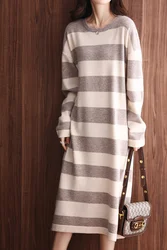 Autumn Winter Elegant Women Loose Dress 2021 Striped O-Neck Long Sweater Women Dresses 100% Wool Knitted Long Sleeve Pullovers