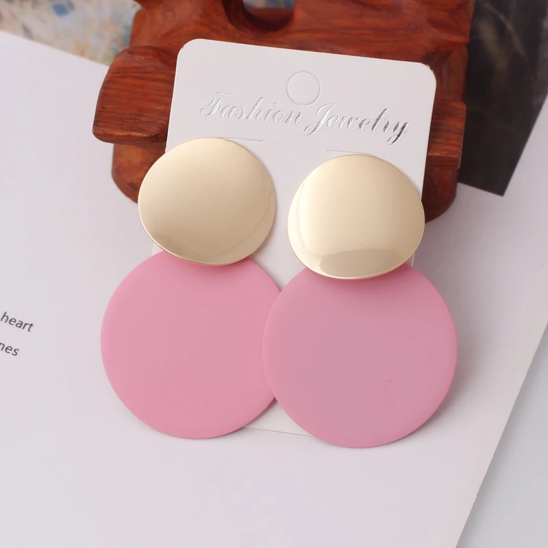 9Colors Double Round Wafer Drop Earrings for Women European American Colorful Geometry Metal Hyperbole Brincos Party Jewelry