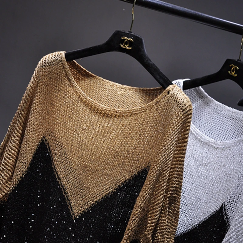 Shinny Lurex maglione donna girocollo lungo maglione Casual Knit Pull Femme Pullover Bling Bling paillettes maglione