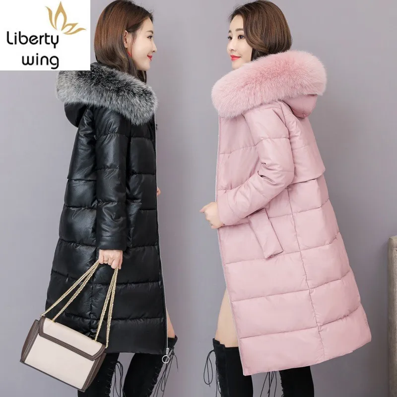 Thicken Hooded Winter Faux Fox Fur Collar PU Leather Jacket Women Warm Long Slim Parka Coats Female OL Casual Jaqueta Feminina