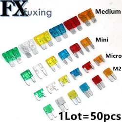 50pcs Fuses Mini Small Medium M2 Micro Car Fuse 1A 2A 3A 5A 7.5A 10A 15A 20A 25A 30A 35A 40A 45A 50A Amp Clip Fuse Car Truck Hot