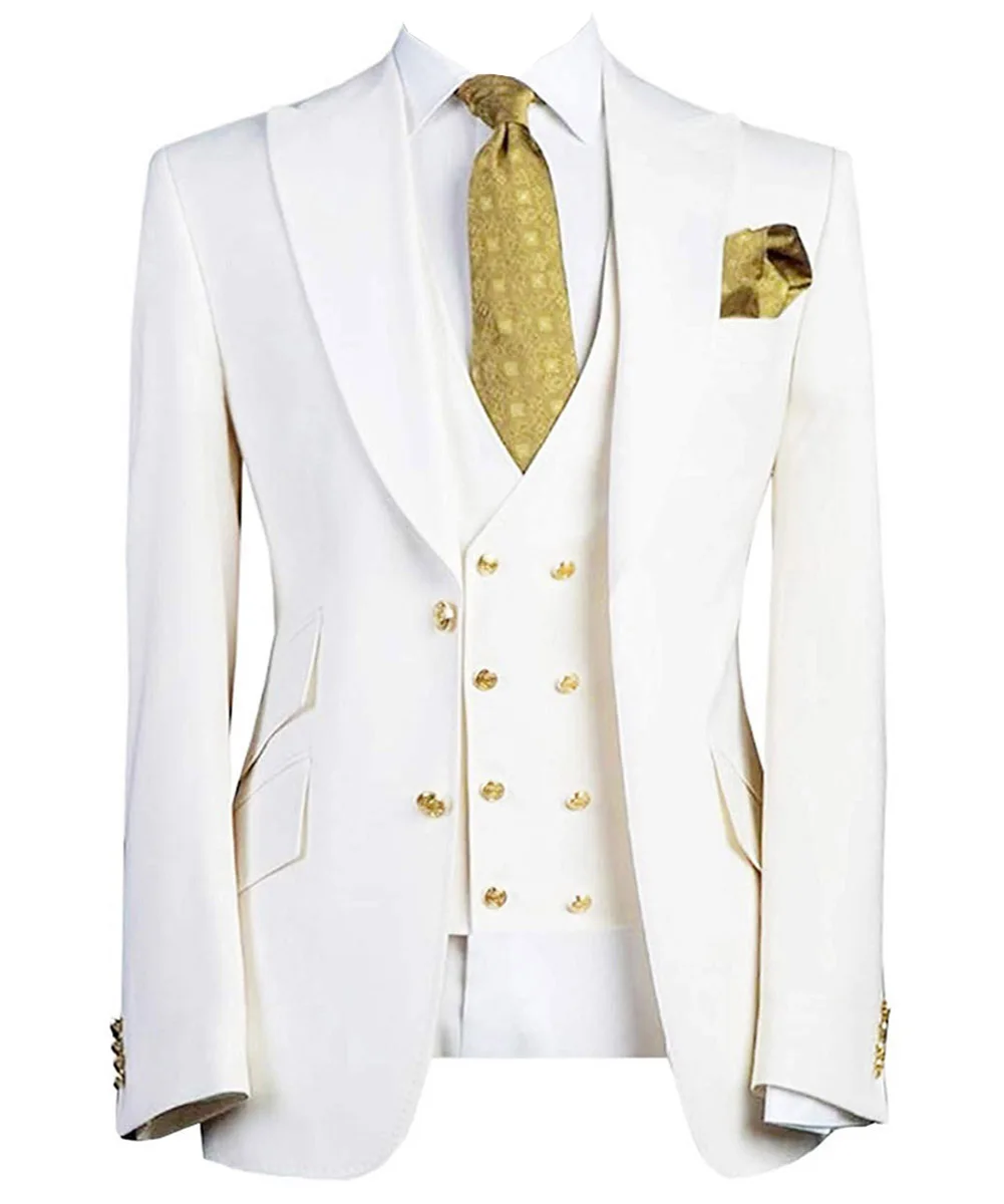 

New Arrival Custom Made Slim Fit Blazer Ivory Full Men Suits for Wedding Peak Lapel Groom Wear 3Pc Jacket+Vest+Pants Clothes