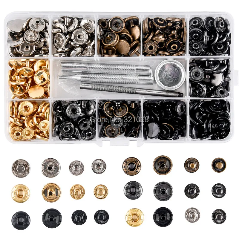 Leather Clasp Set, 12.5mm Metal Snap Buttons, Press Studs, 4 Setting Tools, 6 Color Leather Snaps for Clothes, Jackets