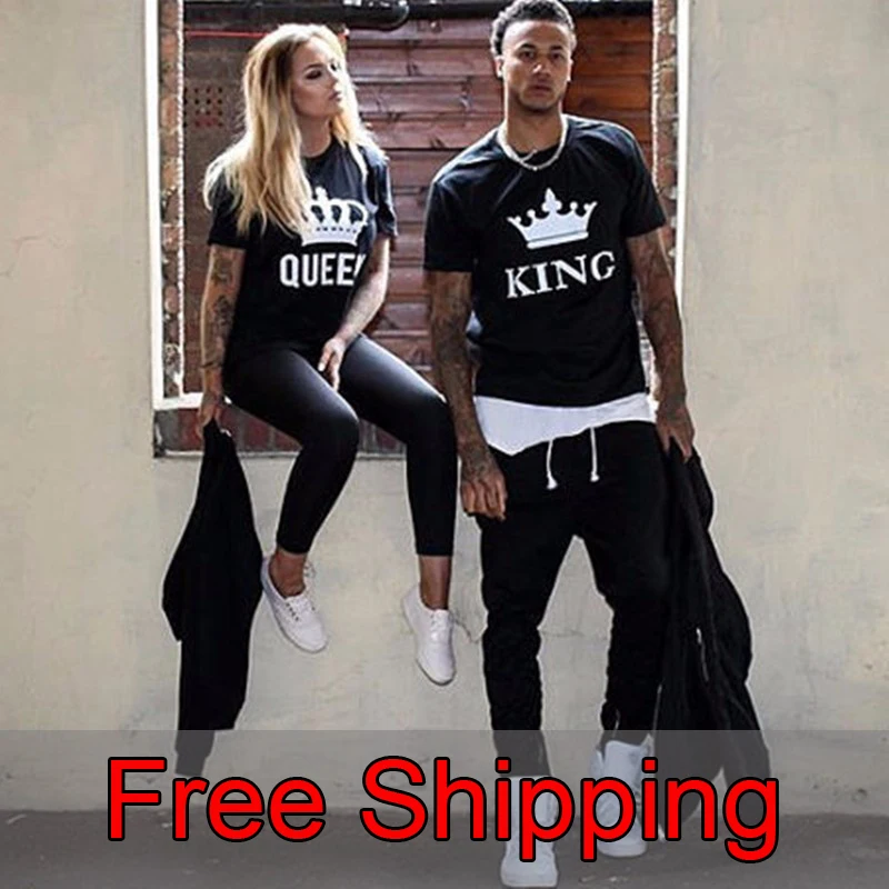 Couple Summer Funny Couple Women T-Shirts KING QUEEN Letter Printed  T-shirts Couples Lovers Cotton short sleeve O Neck Tops