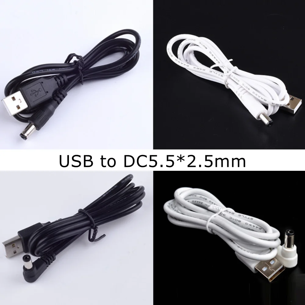 

100ps DC Power Plug USB Convert To 5.5*2.5mm/DC 5.5x2.5 White Black L Shape Right Angle Jack With Cord Connector USB Cable